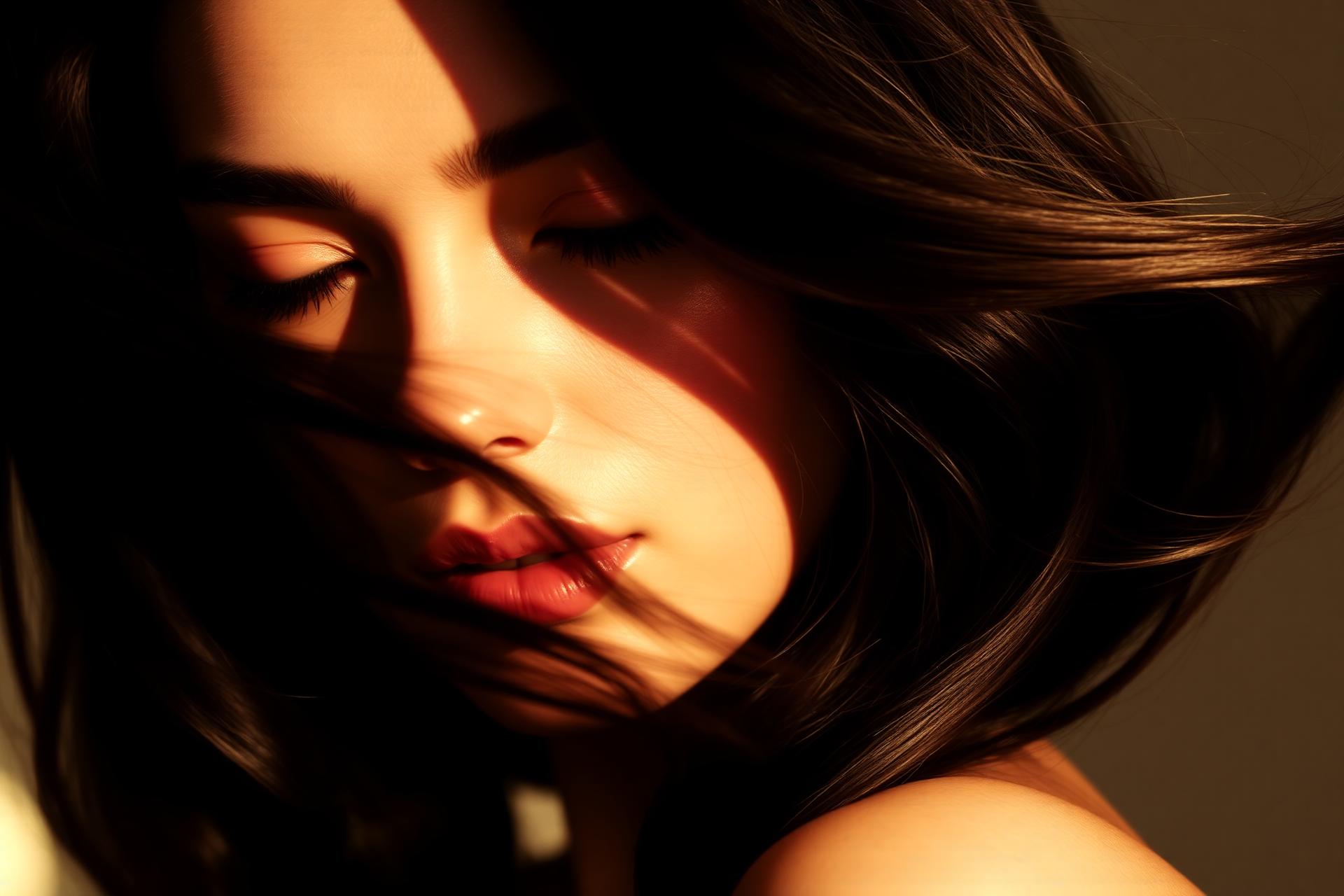 Close-up of glossy, healthy hair in golden light