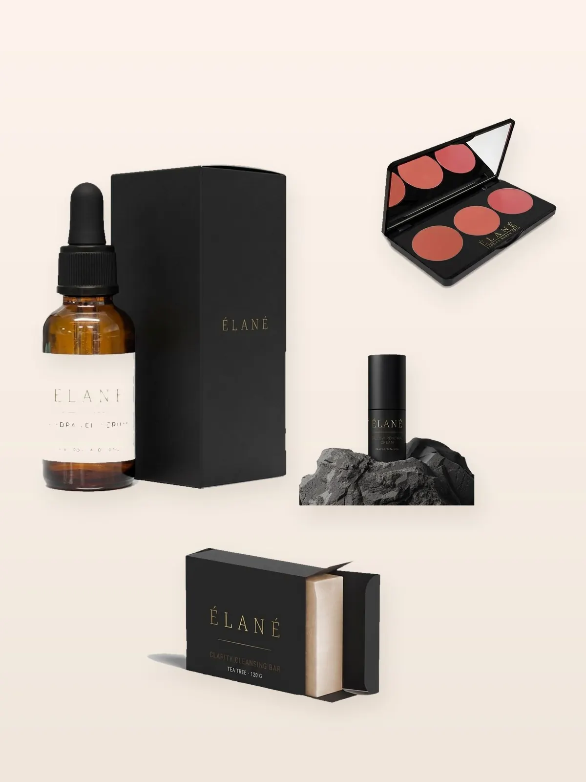 The ÉLANÉ shelf: Hydra Veil Serum, Tallow Renewal Cream, Clarity Cleansing Bar and Sedona blush trio